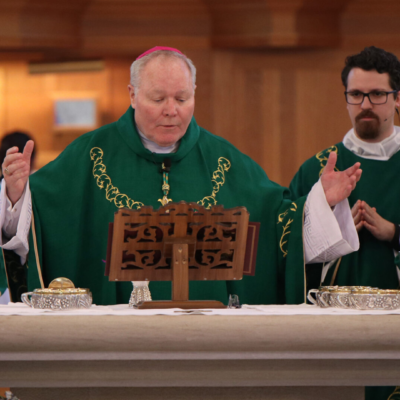 Bishop Edward J. Burns celebrates a special send-forth Mass July 23 at St. Rita Catholic Community for Diocese of Dallas pilgrims to World Youth Day 2023 in Lisbon, Portugal. (Michael Gresham/The Texas Catholic)